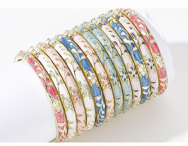 Vintage Enamel Alloy Open Bangle Ethnic Style Peony Flower Hand Ornament Cloisonne Enamel Retro Bracelet Wholesale