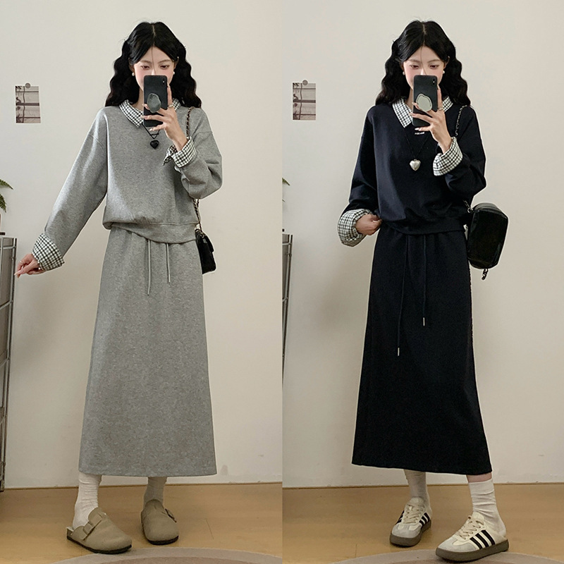 爱依轩 灰色假两件卫衣半身裙两件套女秋冬显瘦遮肉休闲裙子套装|undefined