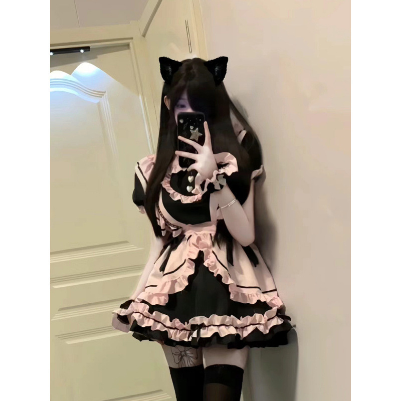 ニャー: ガールキャットメイド服、かわいいヘビーデューティーの大きなリボンのテール付きデイリーロリータドレス|undefined