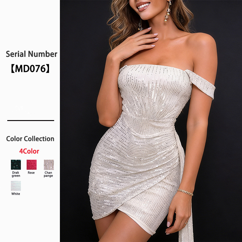 European and American Cross-Border 2026 Hot-Selling Off-Shoulder Sequin Dress, Elegant and Sexy Solid Color Evening Gown, Sexy Bodycon Mini Dress