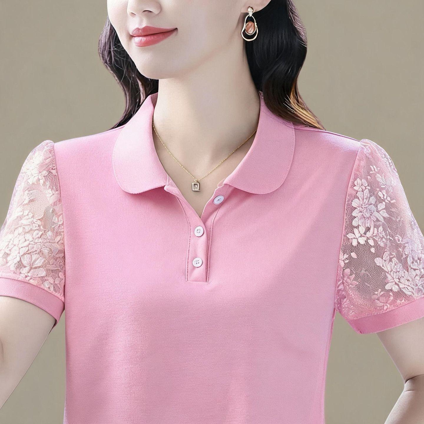 2026 New Style Stylish and Versatile Lace Short-Sleeve T-Shirt, Fashionable and Elegant Summer Top for Middle-Aged Mothers, Youthful and Slimming