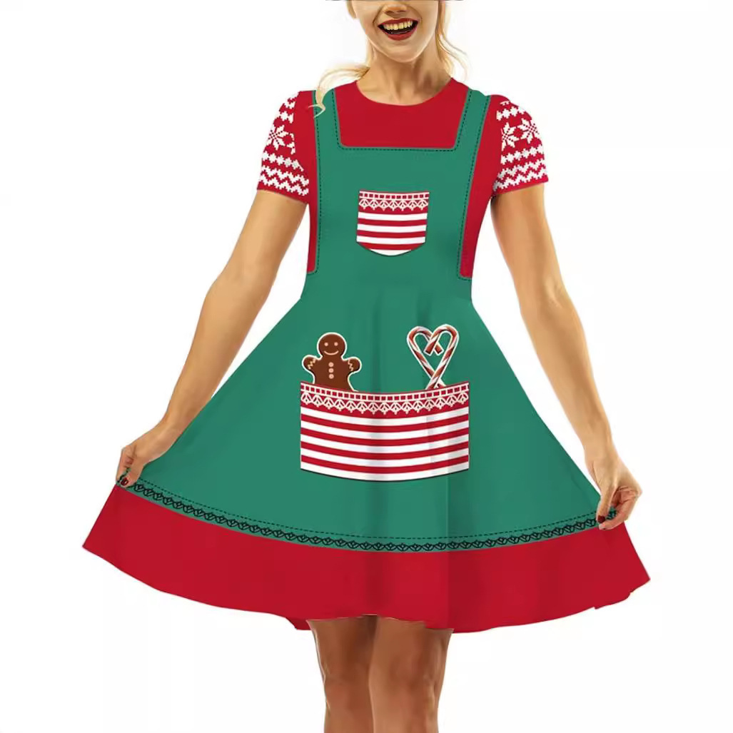 亚马逊跨境夏季女裙短袖连衣裙圣诞主题数码印花宽松A字裙