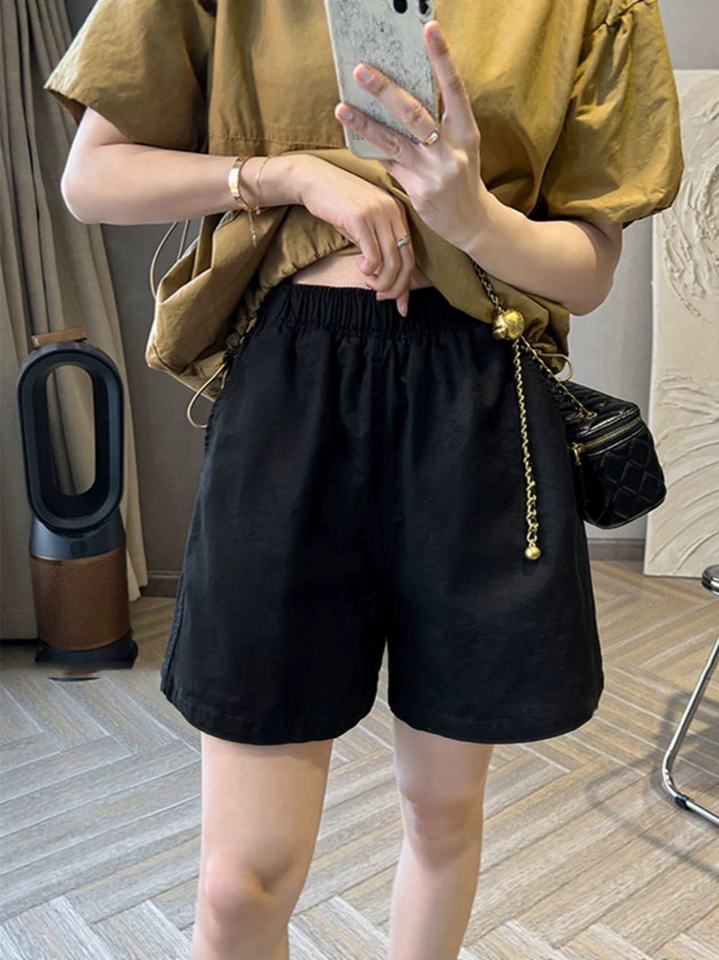 Quần short nữ ống rộng cạp cao dáng suông chất vải mỏng mùa hè — màu đen