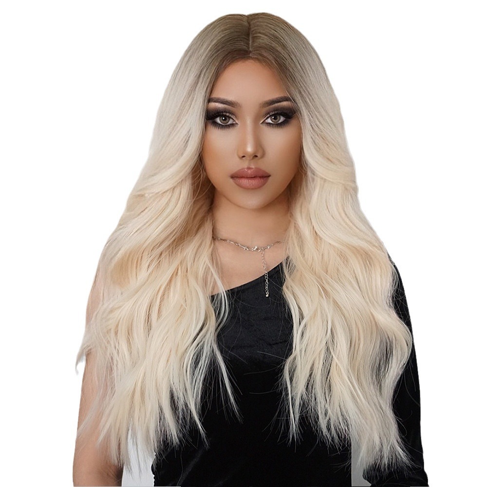 Elegante diosa peluca medio Gradiente de Oro gran ola larga y rizada del pelo de seda de alta temperatura de Europa y América peluca hembra sombrerería