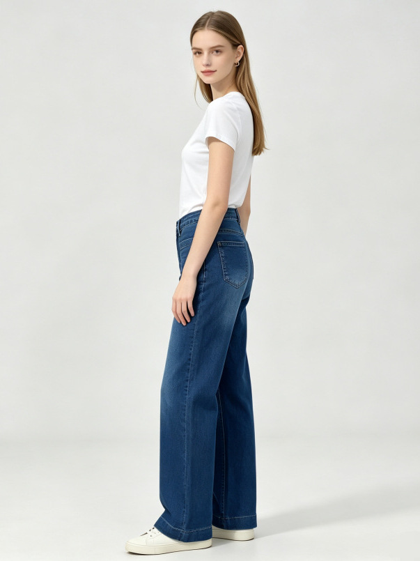 Jeans de Mujer de Pierna Ancha de Mezclilla de Algodón, Cintura Alta, Alta Elasticidad, para Uso Casual