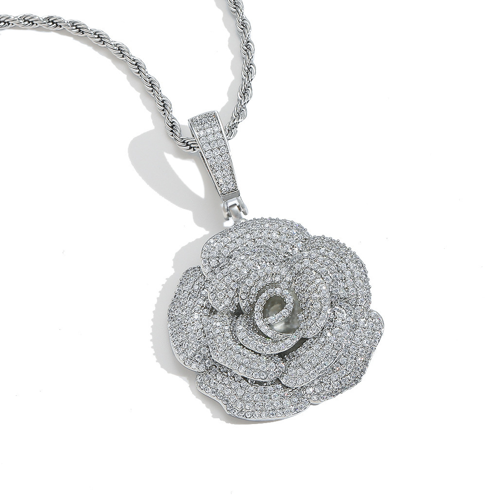 Europa y América hip-hop bronce rosa de piedra colgante personalidad de diamante completo moda collar de joyería transfronteriza al por mayor