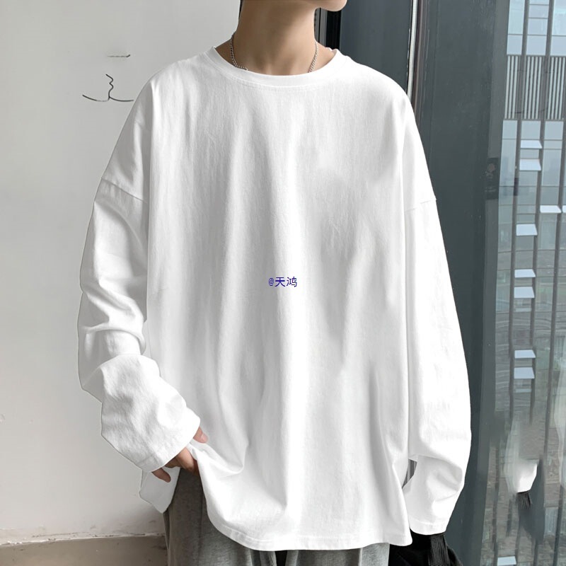 Men's Autumn White Long-Sleeve Shirt Trendy Brand Fashion Round Neck Loose Inner Wear T-Shirt Hong Kong Style Autumn Base Shirt