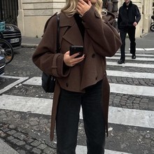 2025 New Cross-Border Foreign Trade European and American Women's Clothing Amazon Large Lapel Woolen Fashion Short Belt Coat Jacket