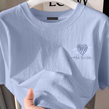 欧货高端时尚洋气短袖t恤女夏季宽松显瘦体恤衫蓝色正肩上衣