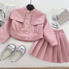 女童软皮衣套装裙秋季2025新款小女孩时髦PU皮机车服半身裙两件套