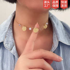 素琦欧美不锈钢钛钢水晶锆石金色十字架吊坠项链字母小众玫瑰金