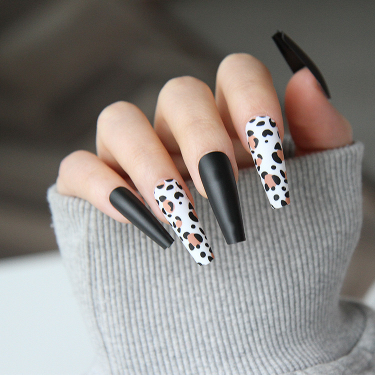 Autumn and Winter frosted black double-piece fake nails leopard print long ballet nail foreign trade fake nails nail stickers A104 Autumn and Winter frosted black double-piece fake nails leopard print long ballet nail foreign trade fake nails nail stickers A104