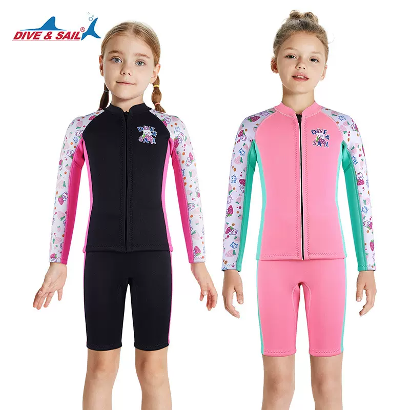 新款2.5MM儿童潜水服女童分体长袖短裤保暖游泳衣浮潜冲浪潜水衣