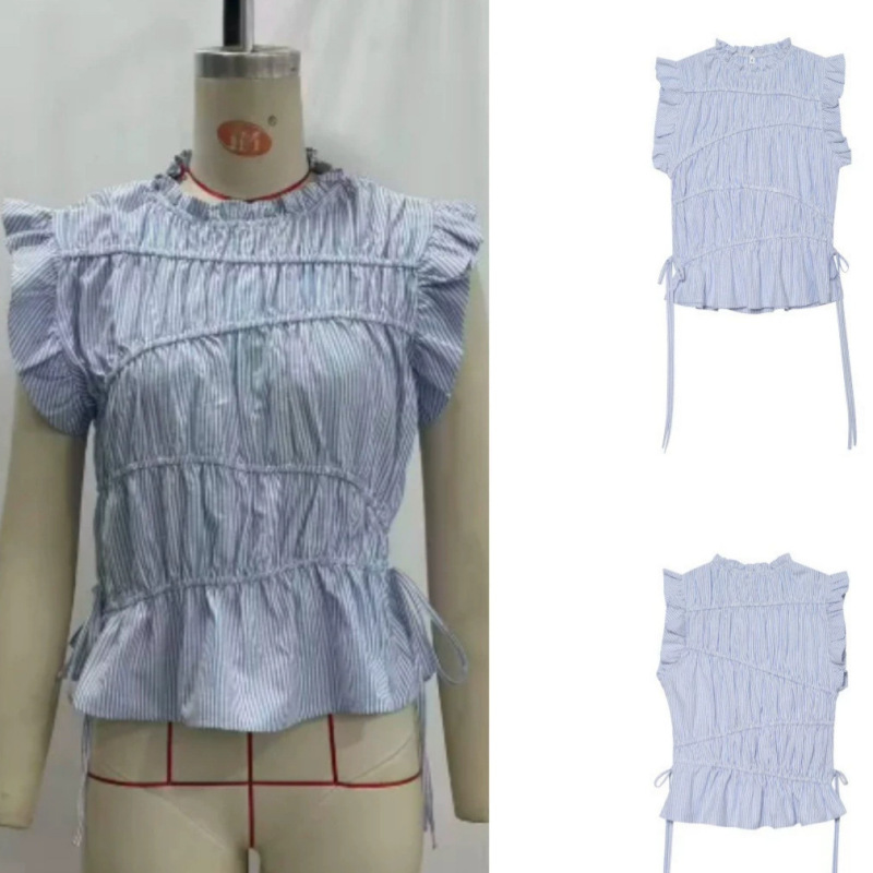 New Summer French-Style Design Round-Neck Sleeveless Layered Decorative Tie-Waist Elastic Striped Shirt Top for Foreign Trade