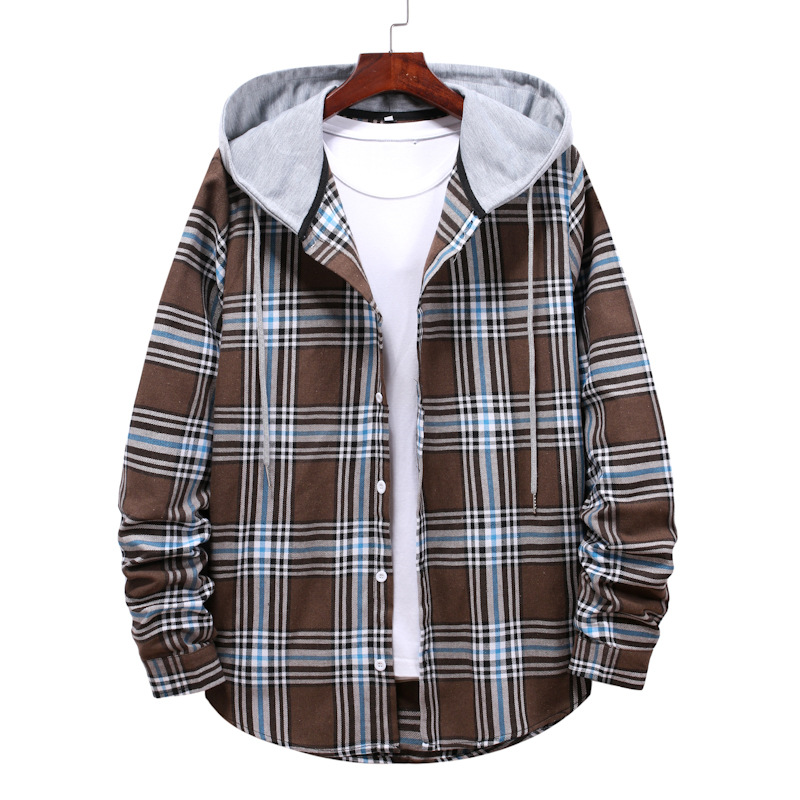 Camicia a maniche lunghe casual alla moda di grandi dimensioni con cappuccio scozzese allentato da uomo 2024_voghion.com