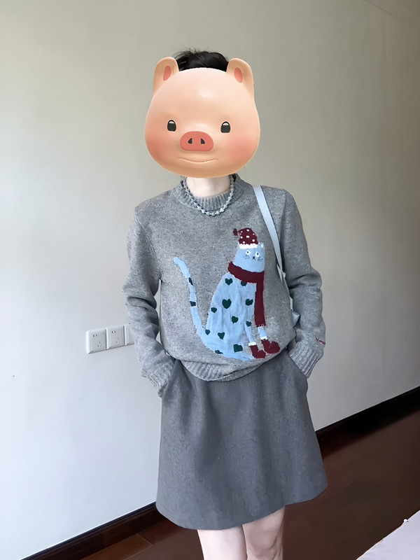 圆领套头针织毛衣女秋冬季慵懒卡通提花内搭软糯短款2025新款上衣|undefined