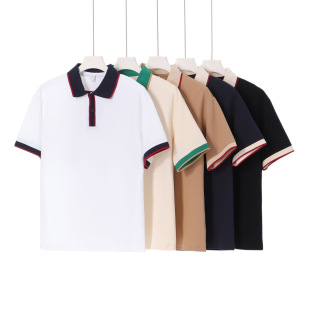Spring and summer new 240g pearl cotton lapel short sleeve T-shirt men's fashion brand loose shoulder contrast color collar polo shirt men's