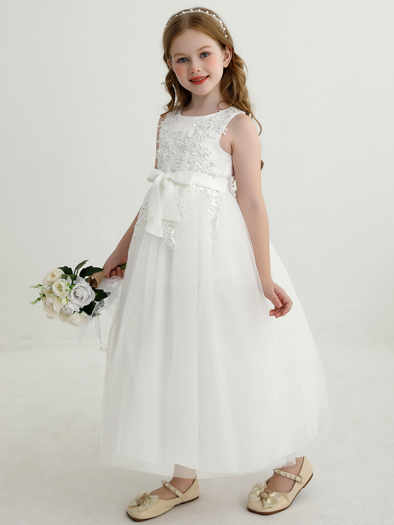 Vestido de princesa de niña transfronteriza vestido de novia sin mangas de encaje de arco vestido de cumpleaños vestido de niños