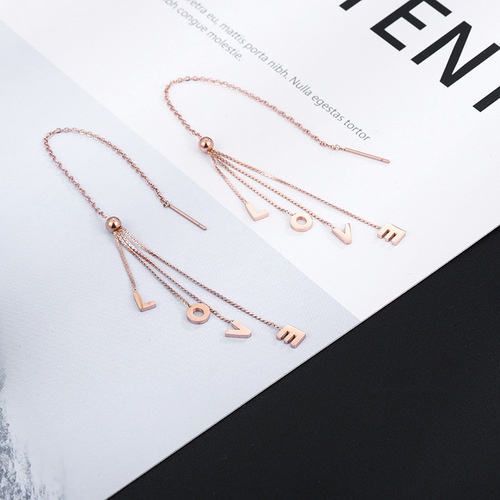 Korean Style Elegant Zircon Love Ear Line Women's New Thin and Long Butterfly Tassel Earrings Wholesale Fashion Titanium Steel Earrings