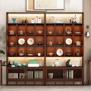 Chinese-Style Bamboo Luxury Display Rack with Lights for Tea Pots, Cups, and Jewelry Multi-Compartment Showcase
