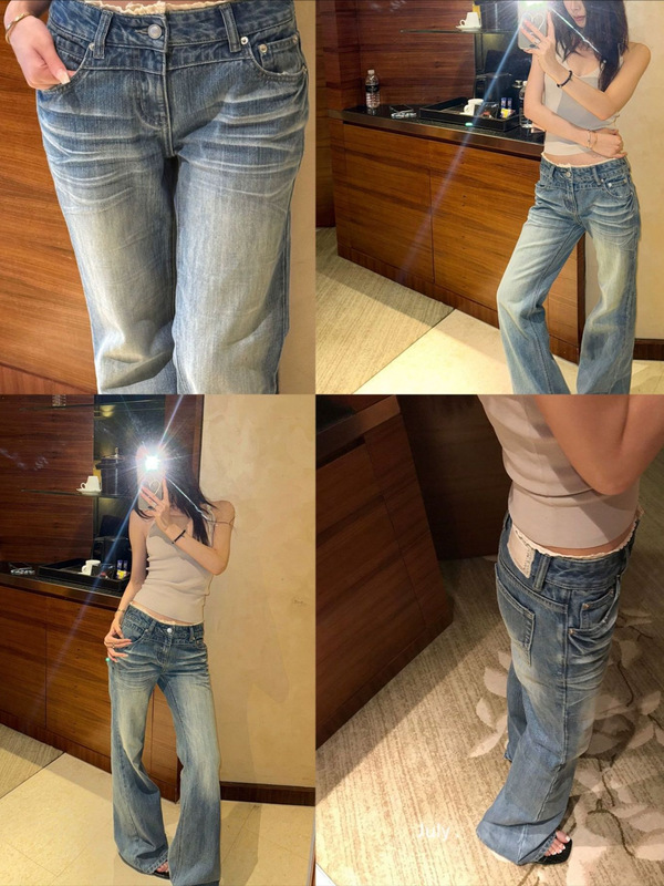 SUNONEOE 花边蕾丝微喇修身牛仔裤女夏秋低腰磨白美式休闲喇叭裤|undefined