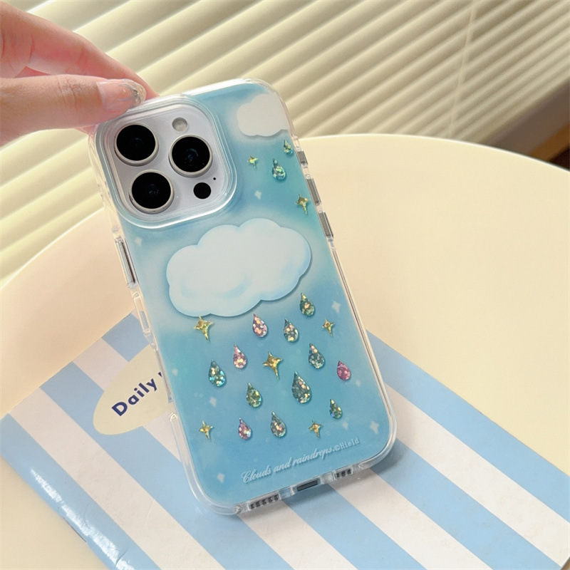 Ins viento mancha gotas de lluvia de diamantes de imitación azules para iPhone 16ProMax funda para teléfono móvil 13 Apple 14/15 chica de nicho