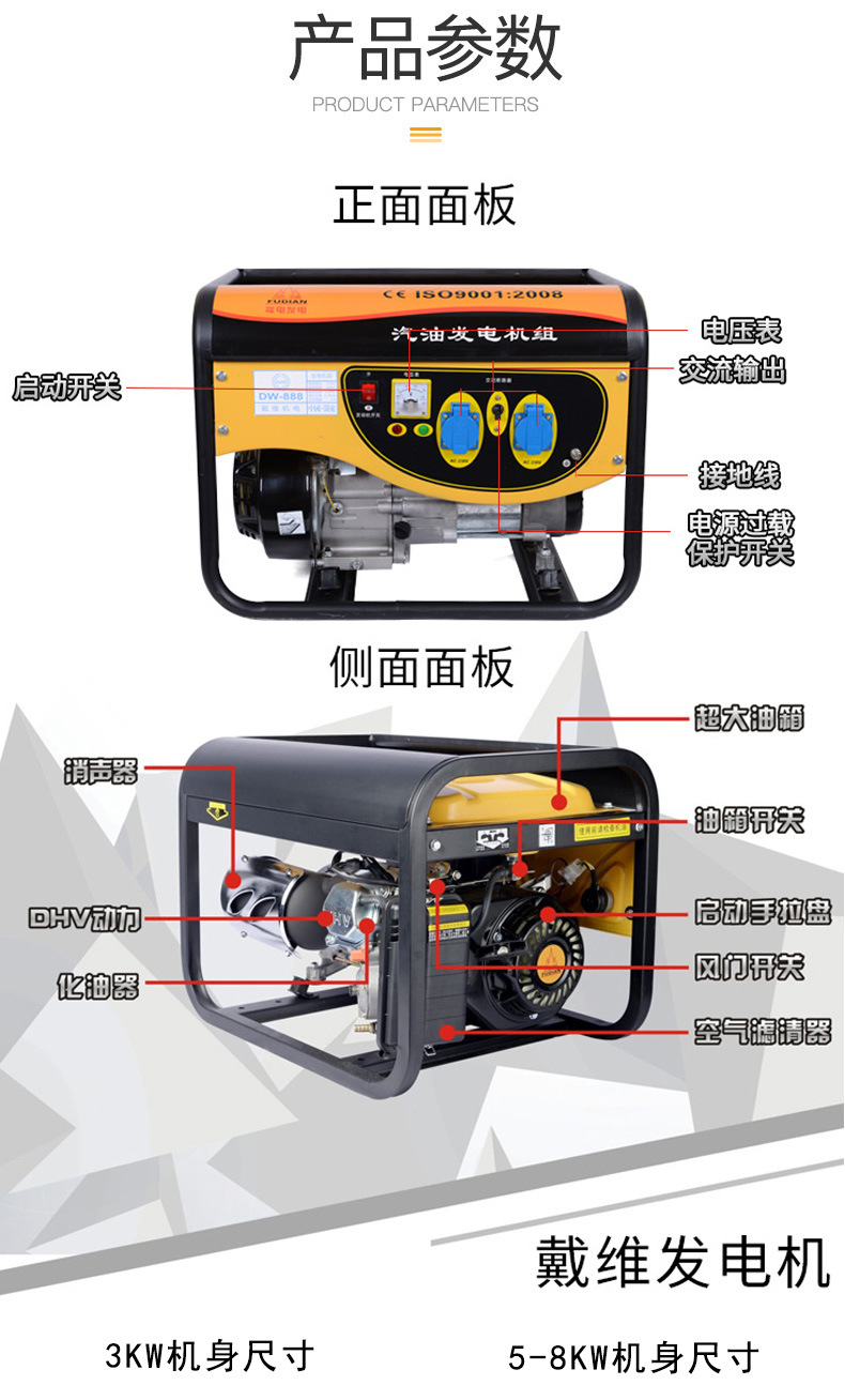 户外家用低噪音单相三相双电压汽油多燃料发电机3/5/6/8/10KW跨境详情5