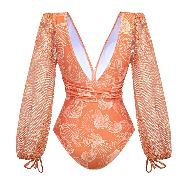 Dambadkläder v-ringad mesh långärmad glansig one piece_voghion.com