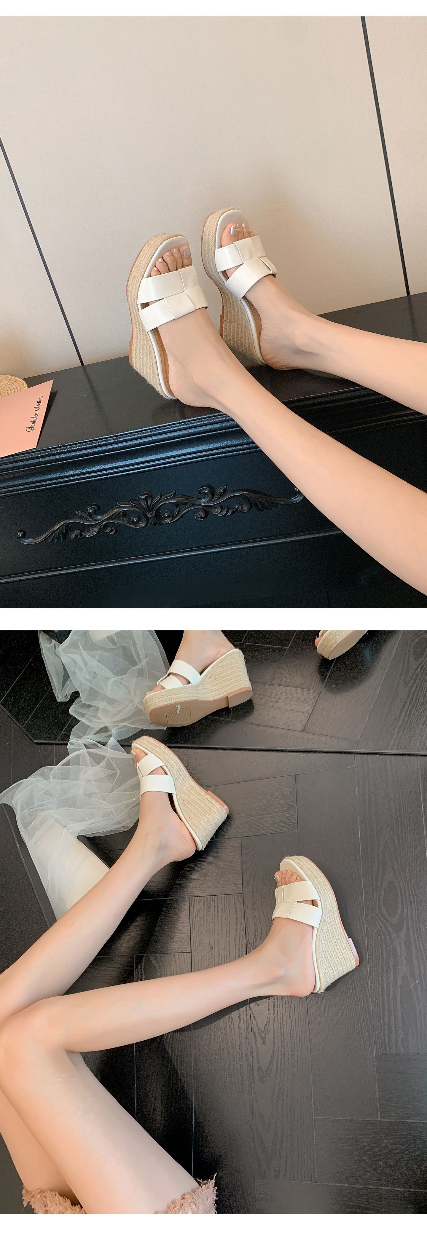 Dép sandal nữ xỏ ngón đế bệt hở mũi chấm bi phong cách lười — Da bò trắng, Satin trắng chi tiết 13