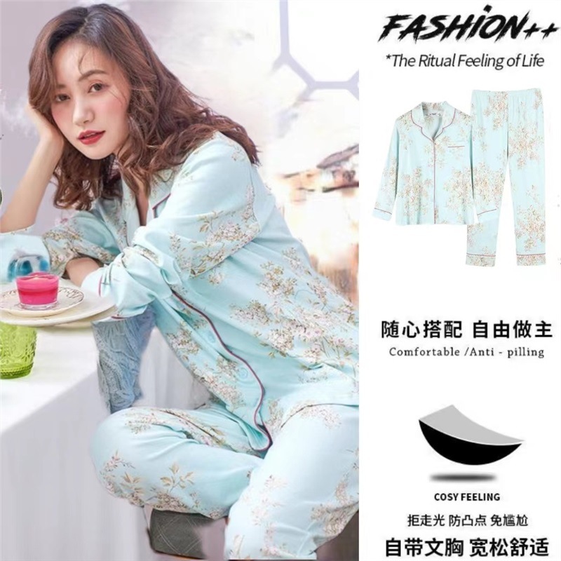 Pijama de algodón 100% de las mujeres con almohadilla en el pecho traje de primavera y otoño pantalones de manga larga primavera y otoño delgado más tamaño homewear