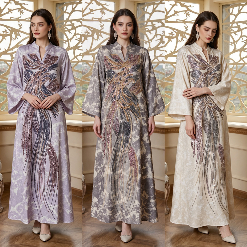 New in stock wholesale heavy embroidery long robe with stand-up collar, loose printed robe, cross-border women's clothing, multi-color long robe