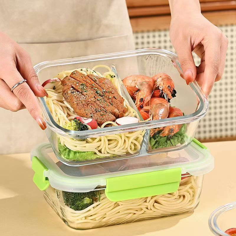 La lonchera de vidrio con alto contenido de borosilicato se puede usar en el horno microondas, la lonchera para estudiantes, la lonchera para trabajadores de oficina, la lonchera se puede calentar con tapa