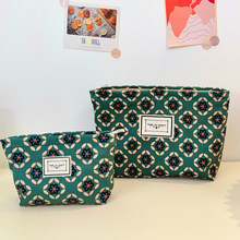 绿色花朵灯芯绒复古化妆包手拿包手机零钱钥匙便携收纳包可印logo