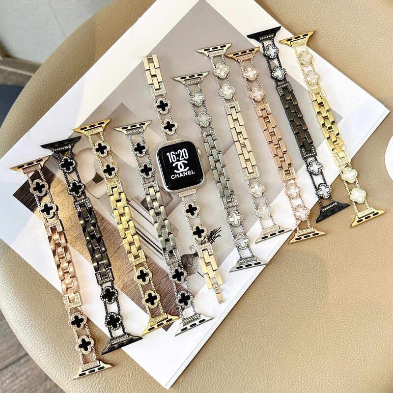Four-Leaf Clover Diamond-Encrusted Mother-Of-Pearl Metal Watch Band Suitable for Apple Watch S11 Huawei Women's Smart Watch