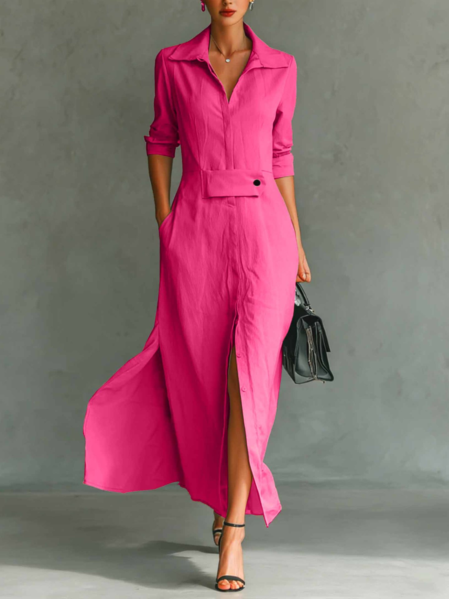 2026 European And American Cross-border Independent Station Long-sleeved Casual Elegant Slit Shirt Dress_ecoleips.com