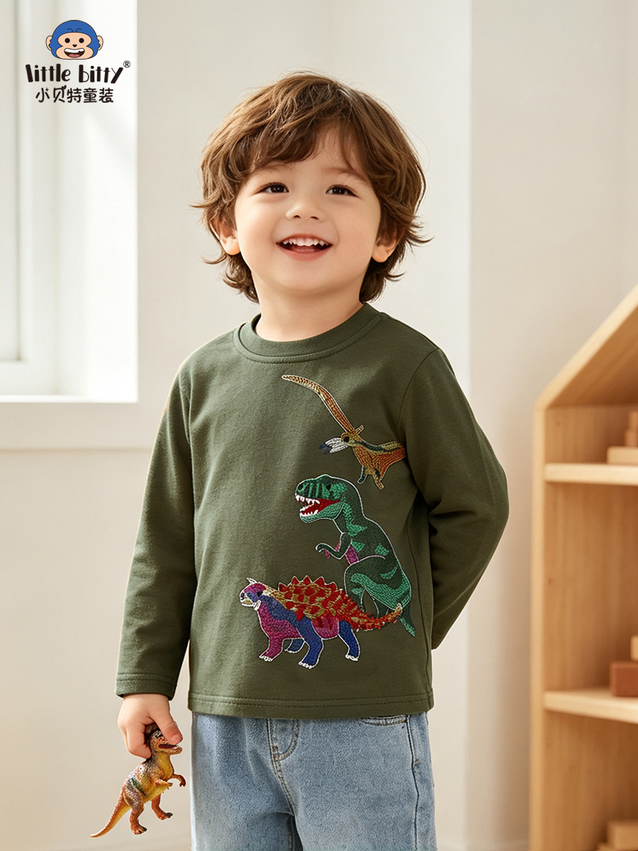 Boys' Dinosaur Embroidery 2026 Fall/Winter Children's T-Shirt Casual Green Long Sleeve Pullover Base Shirt for Young Kids
