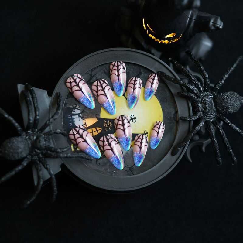 WM-277 レーザークモの巣アーモンド偽爪ハロウィンホットガールグラデーションクモの巣ウェアラブル爪卸売|undefined