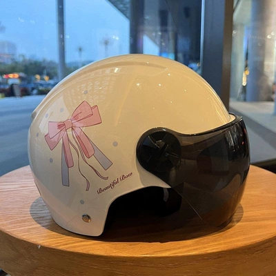 Electric vehicle helmet with 3C certification, suitable for all seasons, cute bow half helmet for girls, electric motorcycle riding helmet (Motosiklet dəbilqələri) - off-white-bow-huiqi-brown-short-lens-sunglasses-mega-discount-sale