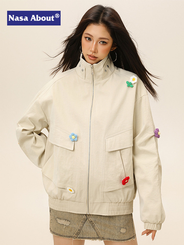NASA多口袋工装外套情侣款春秋季美式宽松编织花装饰休闲夹克上衣|undefined