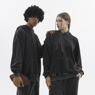 350g80 Cotton Distressed Hooded Sweatshirt Off-Shoulder Retro Washed Large Terry Hoodie Oversize