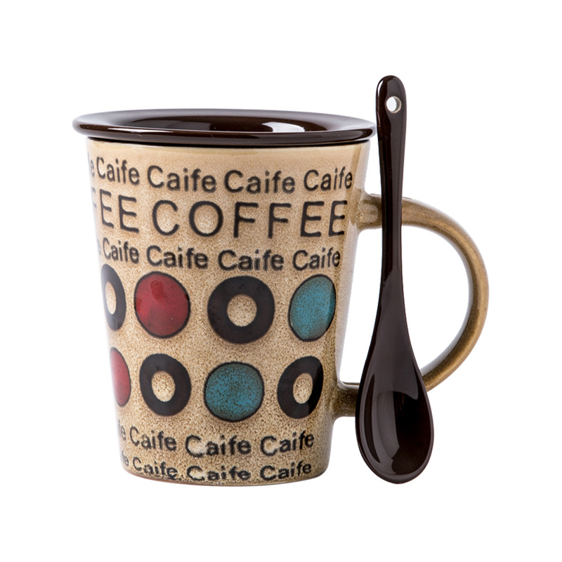 Vintage dibujado a mano latte capuchino taza con tapa cuchara exportación taza de cerámica taza de café taza transfronteriza