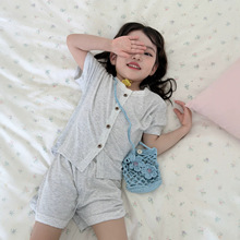 儿童夏季莫代尔家居服套装女童花边领亲子睡衣女宝宝开衫短袖短裤