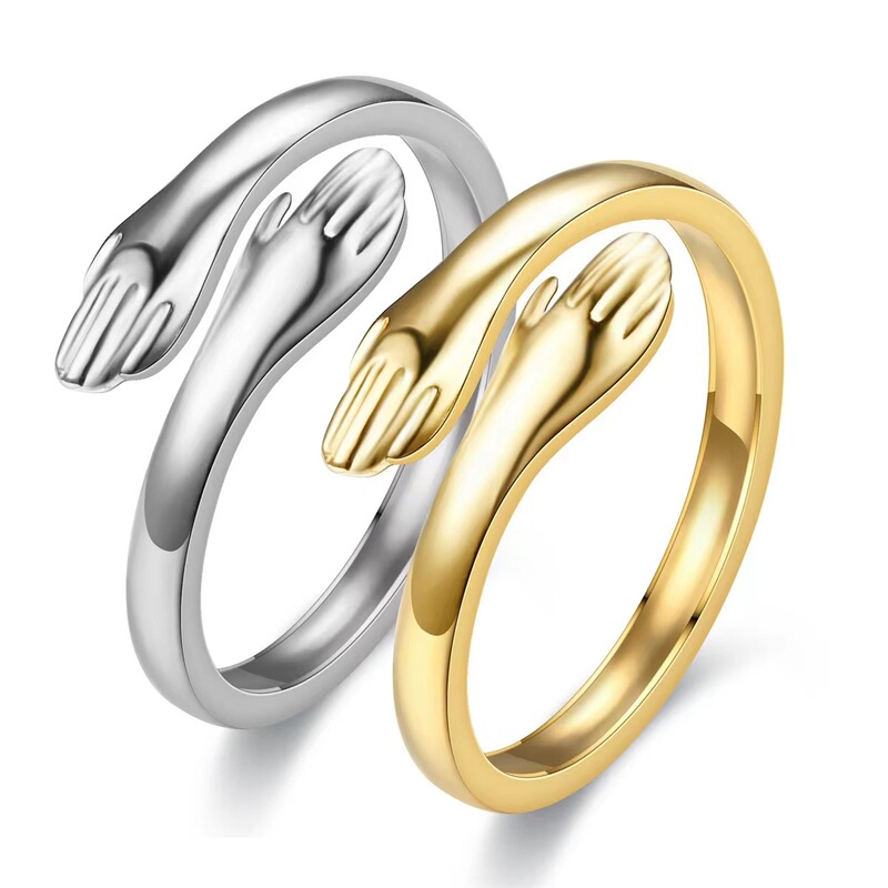 Cross-Border Hydraulic Hugging Hands Titanium Steel Ring for Women Ins Style Fashion Stylish Opening Adjustable Ring Cold Style