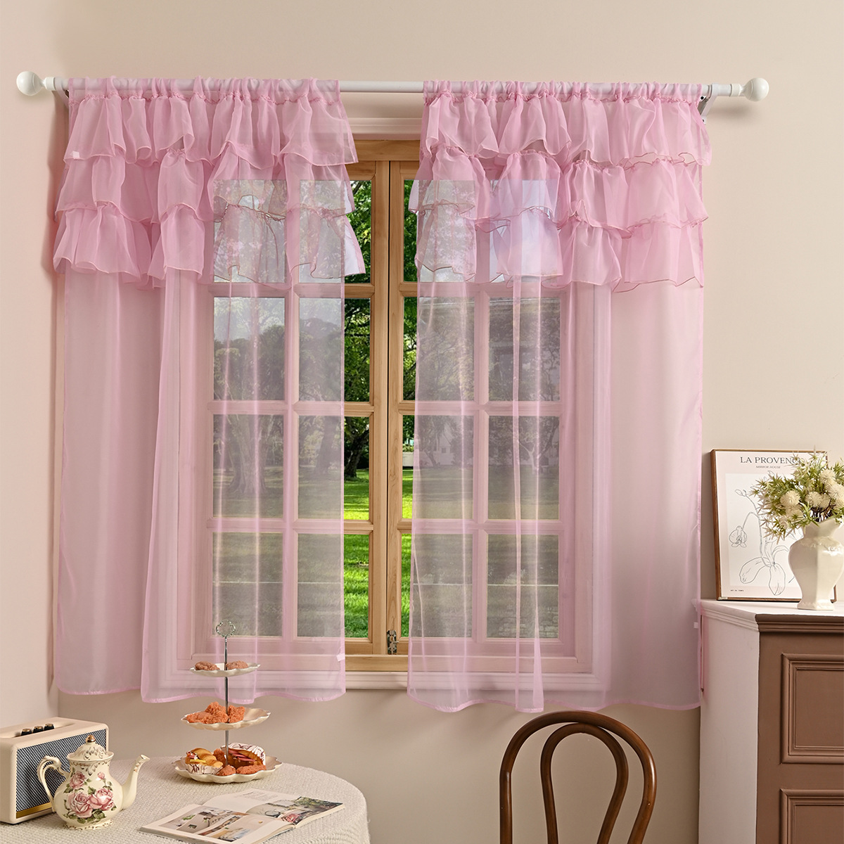 Nuevo estilo transfronterizo de color sólido Telylon tres flores con bordes y varillas, sala de estar, cortinas semiopacas, cortinas TEMU