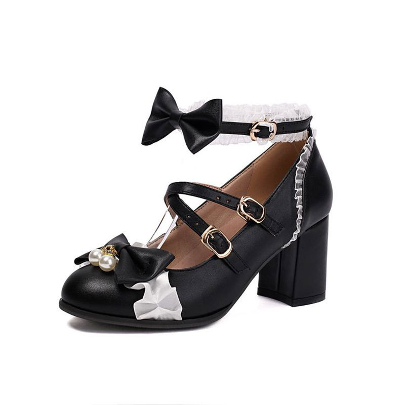 Lori shoes bow color matching lace thick heel shoes student women's shoes size 33-10 Lori shoes bow color matching lace thick heel shoes student women's shoes size 33-10