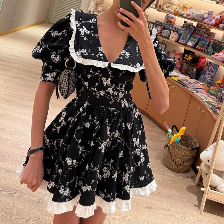 Cross-Border French Floral Skirt Women's Digital Printed Doll Collar Puff Sleeve Elegant High Waist Contrasting Color A-Line Dress Cross-Border French Floral Skirt Women's Digital Printed Doll Collar Puff Sleeve Elegant High Waist Contrasting Color A-Line Dress