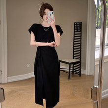2024夏季新款黑色开叉长裙短袖连衣裙女夏季设计感修身气质裙子女