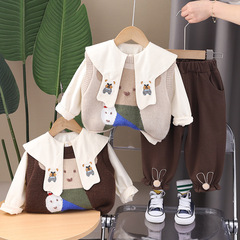 女童童裝2024年秋季新款韓版毛衣馬甲套裝兒童休閒褲時髦三件套潮