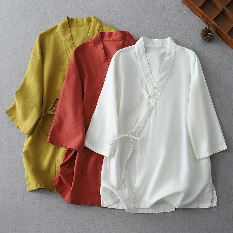 Новые топы в китайском стиле для женщин, летние ретро-шнуровки, свободные улучшенные хлопковые и льняные униформы класса дзен, чайная одежда, кардиганы, рубашки, топы