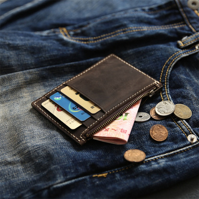 疯马头层牛皮男士迷你零钱包超薄真皮拉链硬币包短款小钱包卡包